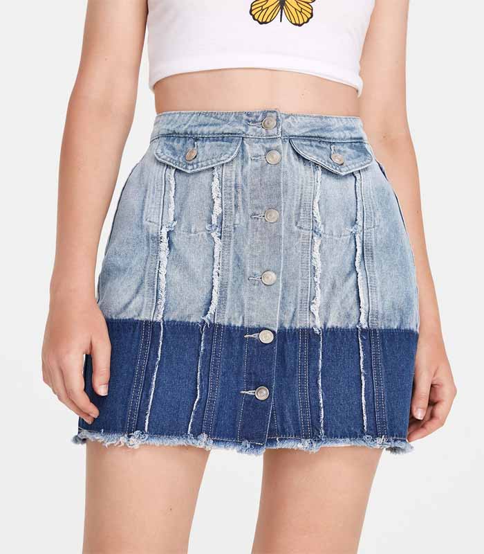 Colorblock Button Front Raw Hem Denim Skirt