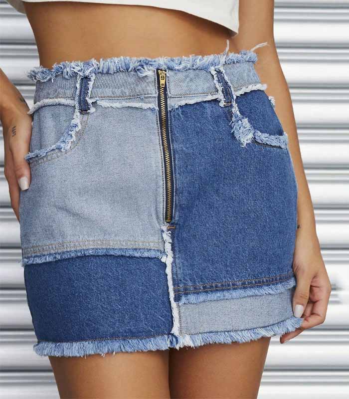 Blue raw-hem zip-front denim mini skirt