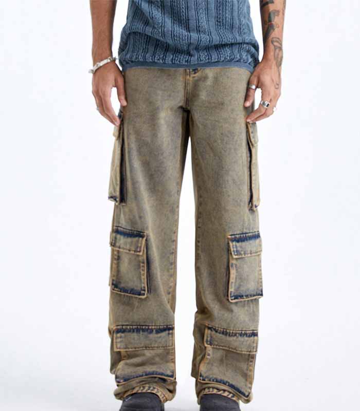 Men's Denim Vintage Rustic Dirty Multi-Pocket Cargo Jeans
