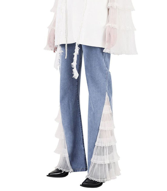 Lace Fairy Cool Flare Denim Pants - Denim blue