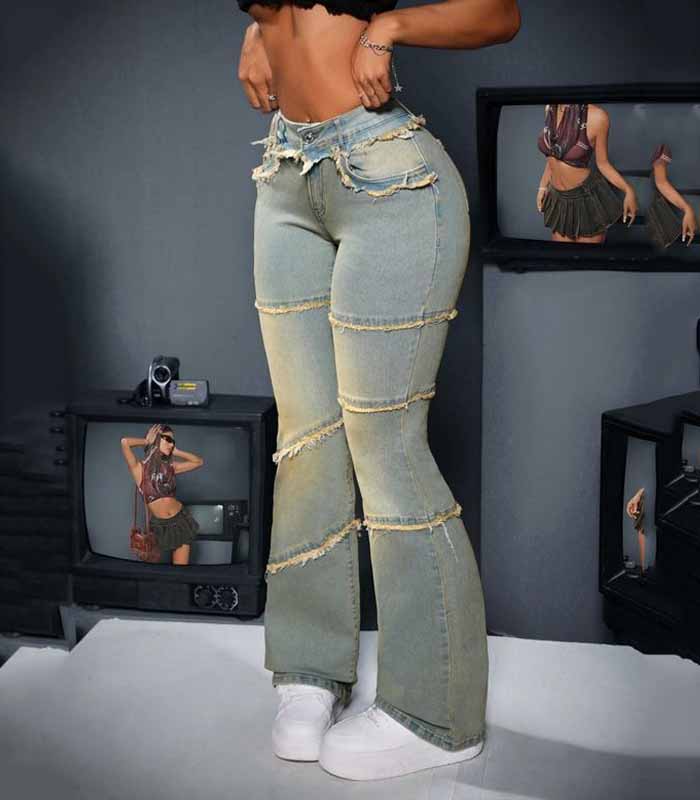 Lady's Panelled Tassel Fitted Bell-bottom Denim Pants