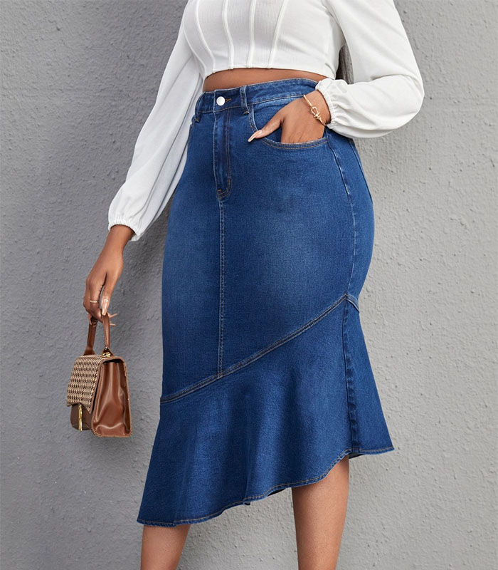 Plus Ruffle Hem Denim Bodycon Mermaid Skirt 