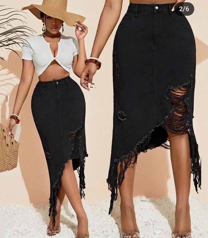 black fringed denim mini skirt
