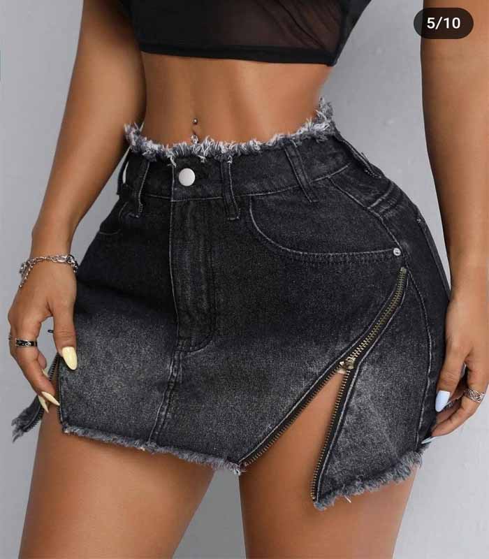 Sexy black denim mini skirt with zipper detailing