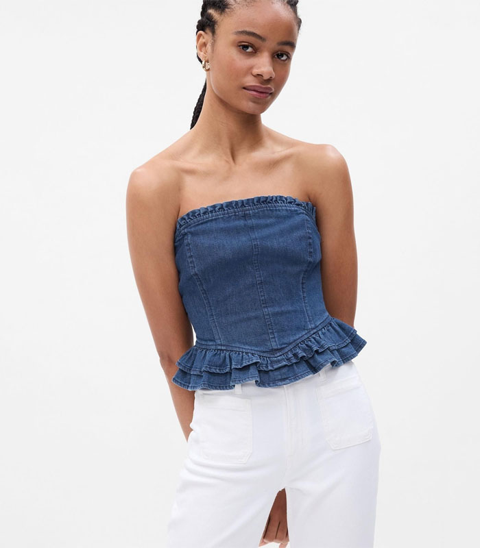 Sweetheart Fitted Denim Bustier Top with Ruffle Hem