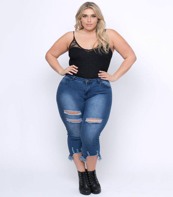 Women's Plus-Size Distressed Denim Capris with Raw Hem