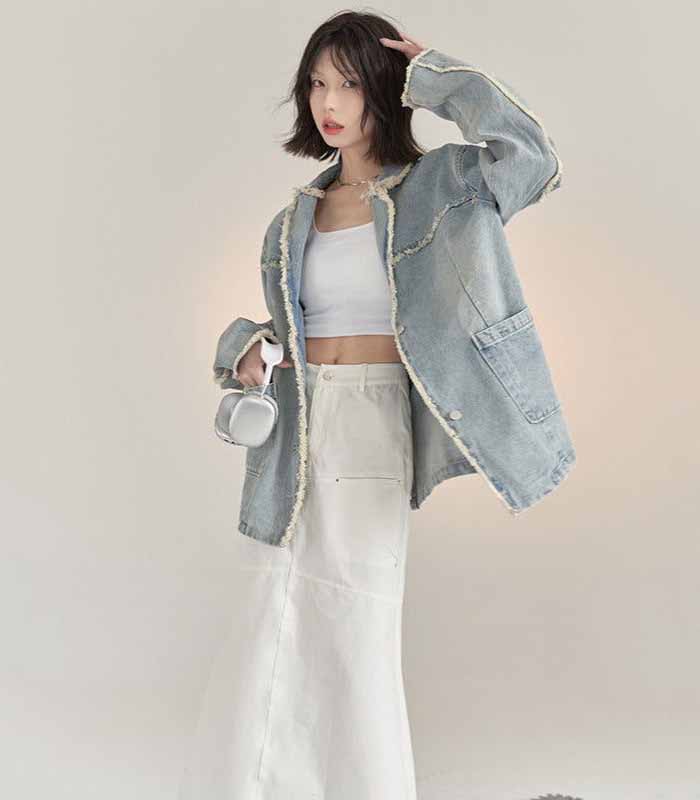 Light Wash Frayed Hem Oversized Denim Jacket 