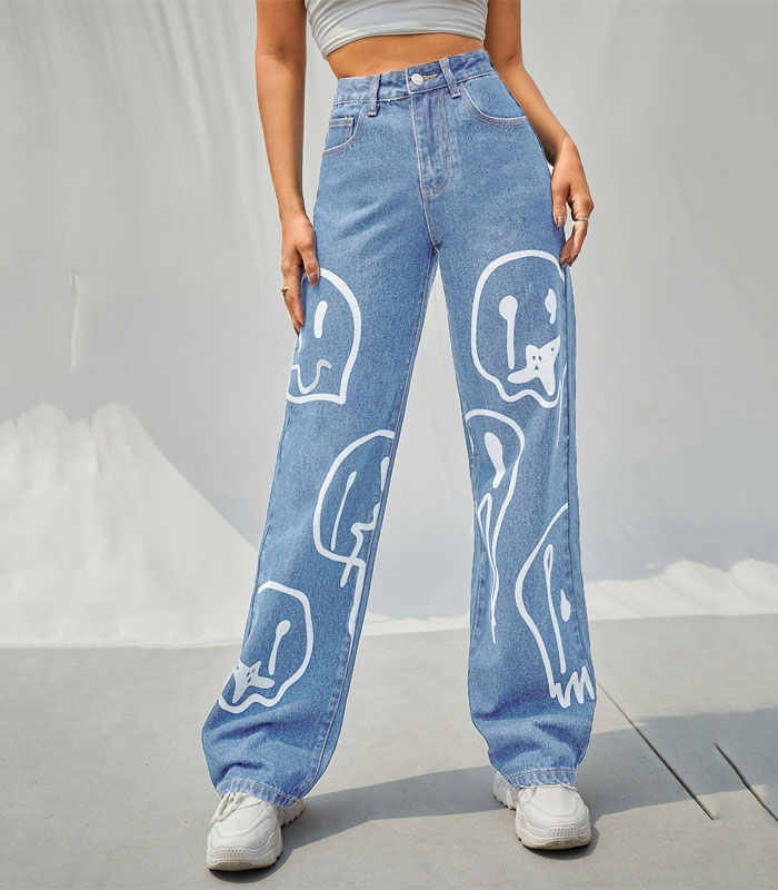 High Waist Cartoon Graphic Wide Leg Jeans