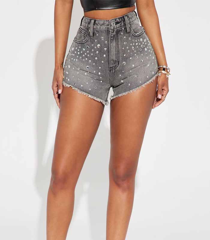 Women's Grey Distressed Denim Shorts, Diamond Wash, Ripped High-Waisted Shorts