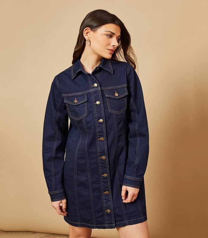 Womens Long Sleeve Fitted Denim Mini Dress - indigo