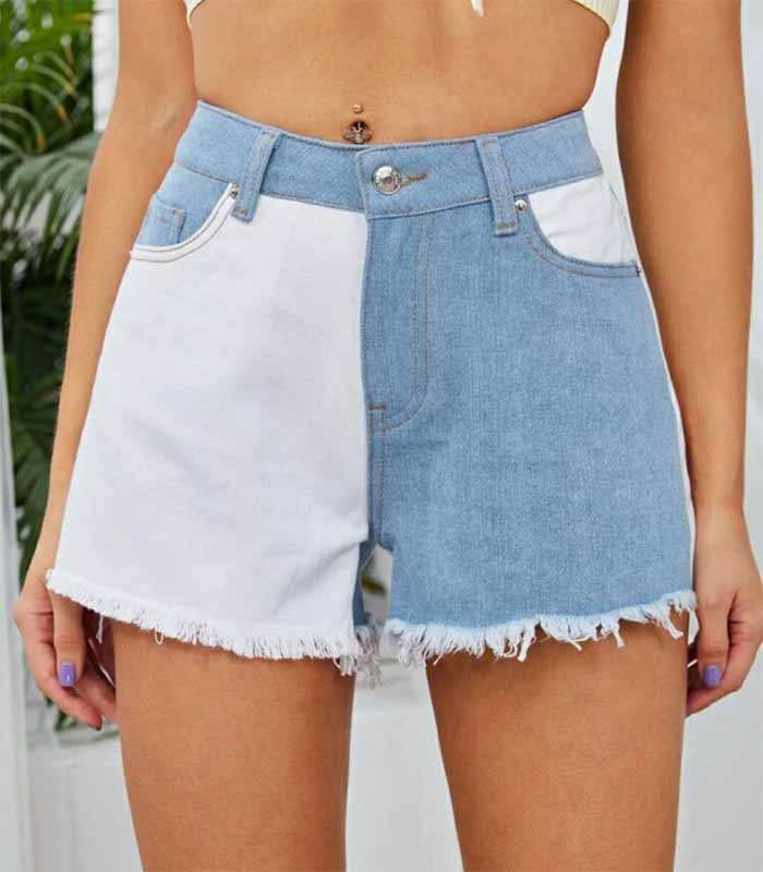 High Waist light Color Block Denim Shorts