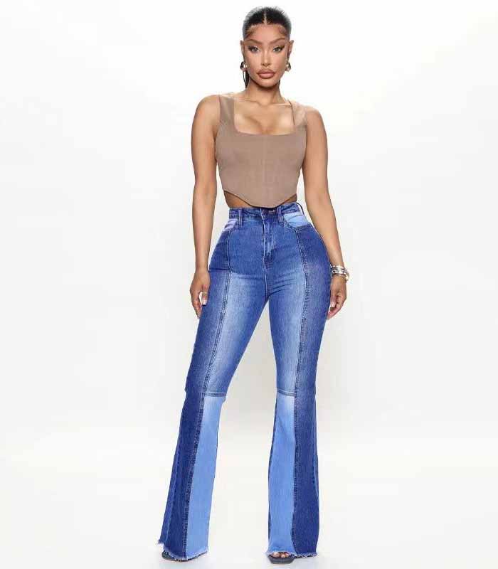 Women's Two-color Splicing Micro-flared Stretch High-waisted Jeans