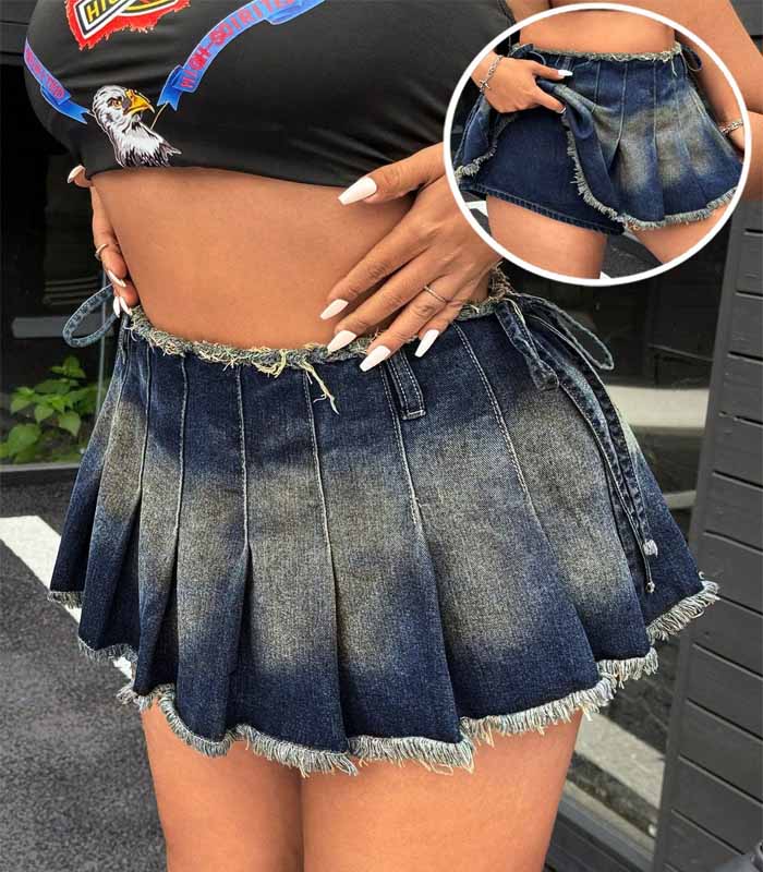 plus Size Streetwear Vintage Pleated Denim Mini Skirt Shorts