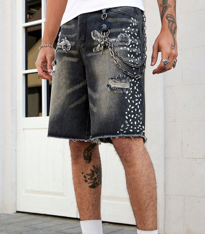 Men's Ripped Distressed Hem Rhinestone Pocket Casual Denim Shorts, Street Style