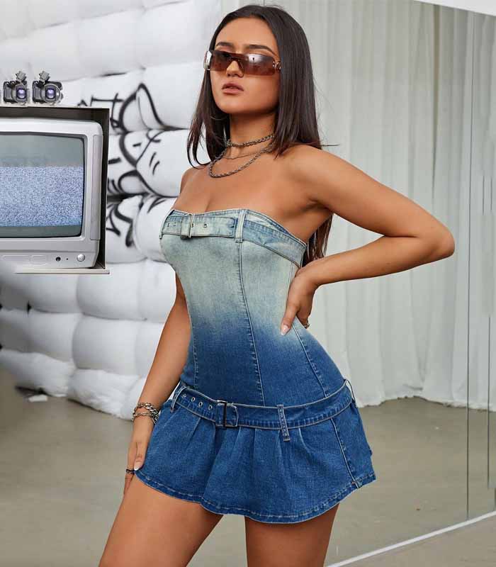 Buckle Belted Tube Denim Dress