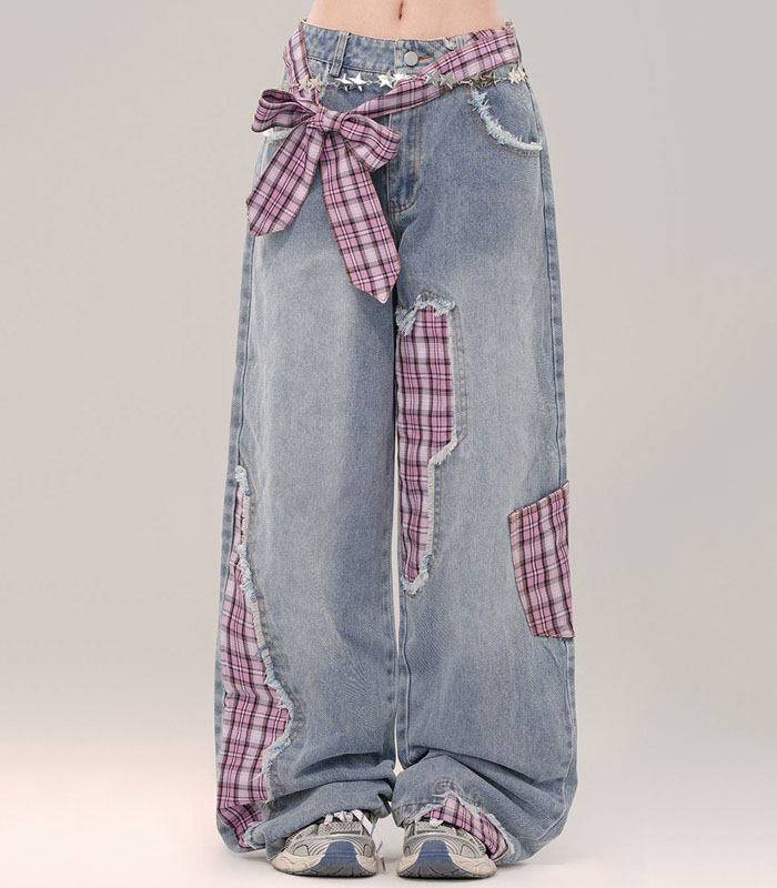 Streetwear-style Mismatched Denim Pants 