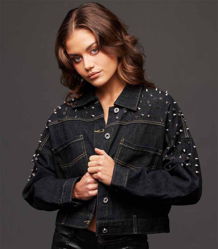 Cropped Black Denim Jacket with Studs