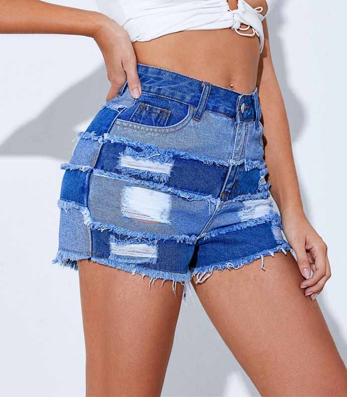 Cut and Sew Ripped Denim Shorts