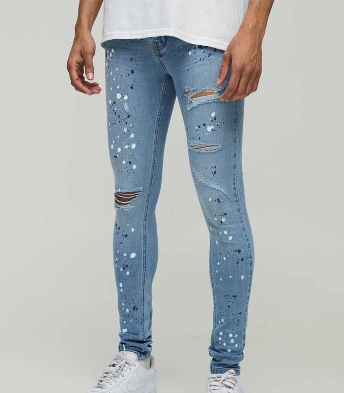 Mens Blue Super Skinny Rip & Repair Paint Splatter Denim Jeans