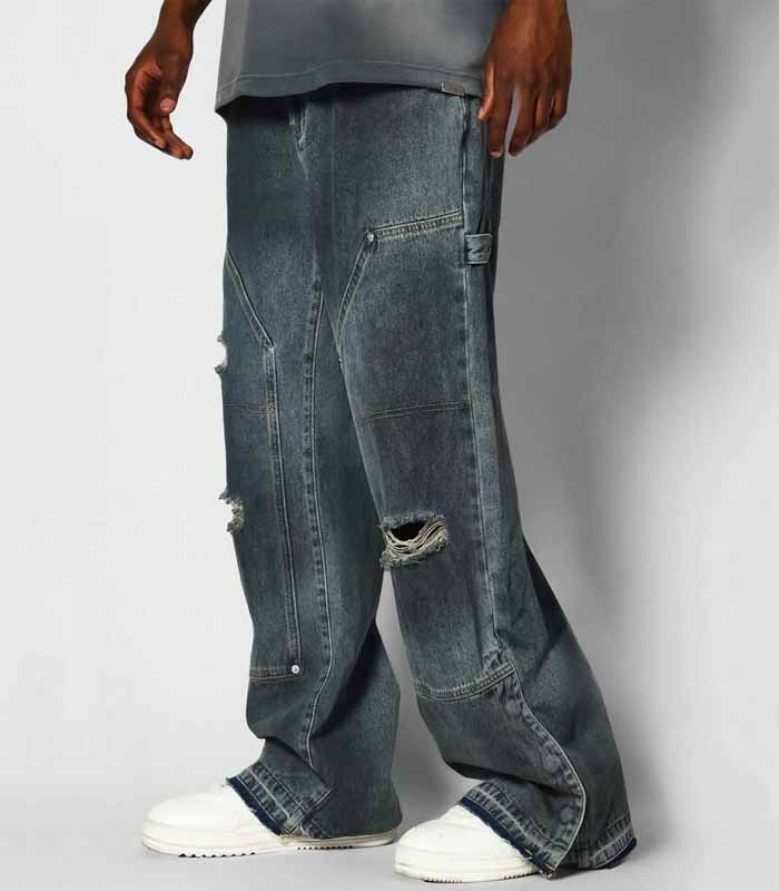 Loose Fit Washed Distressed Flare Jean