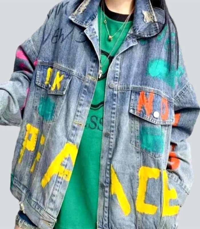 Neon letters vintage denim jacket for ladies - Light Blue