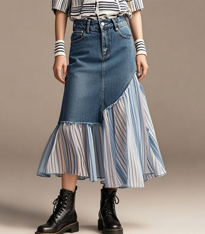 Stylish Navy Asymmetrical Patchwork Denim Pleated Skirt Spring Boho-chic denim skirt