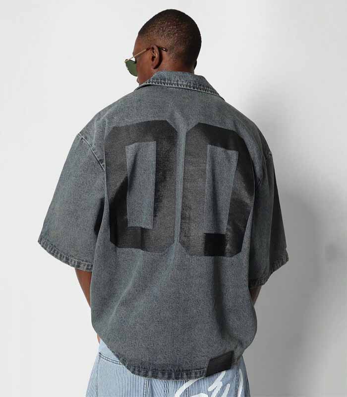 Boxy Fit Revere Denim Shirt With Pocket Graphic & Back Number Graphic