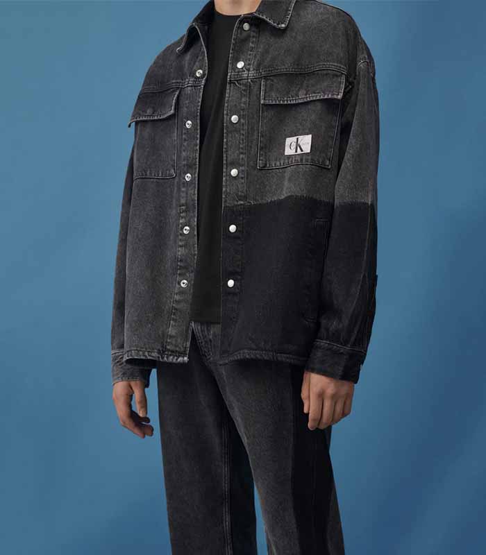 Men’s Black & Grey Color-Block Contrast Denim Jacket with Patch Pockets & Button-Up Front"
