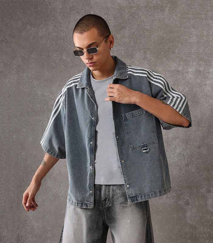 Oversized Denim Shirt Jacket With Athletic Stripes, Button-Front Design, Short Sleeves, Casual Streetwear Style, Classic  Workwear Inspired