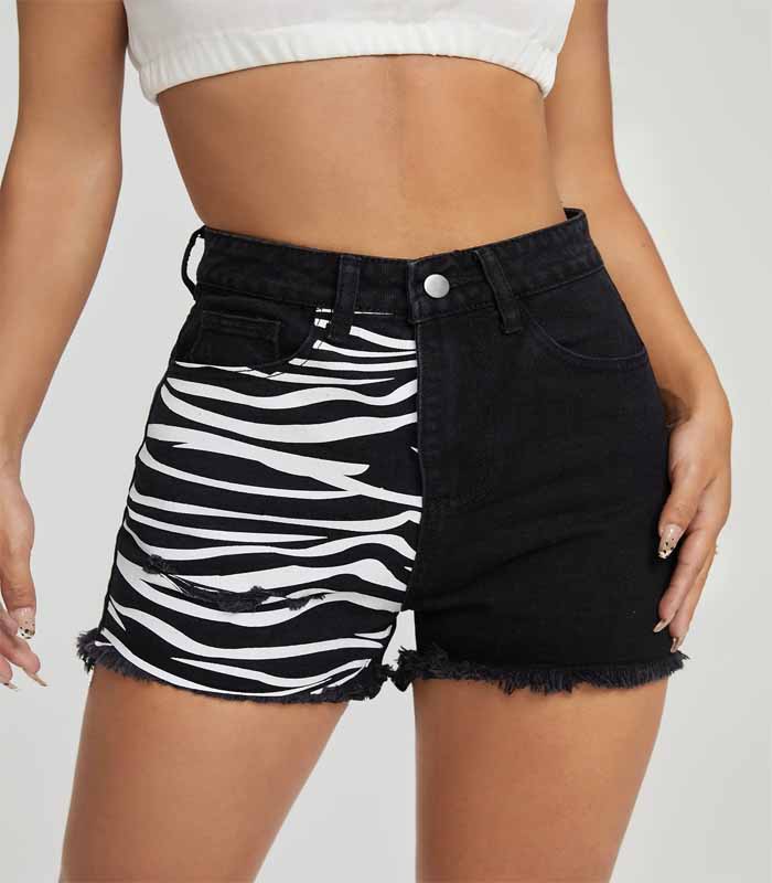 Distressed Striped Denim Shorts with Patchwork Design