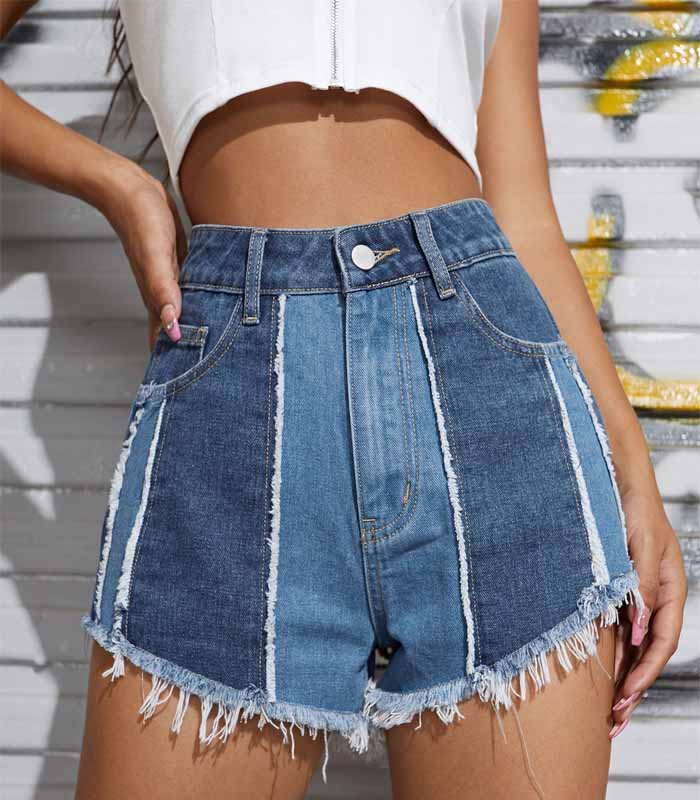 Raw Hem Colorblock Denim Shorts