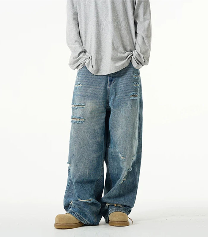 Men's Light Blue Washed Straight-leg Denim Jeans with Distressed Details
