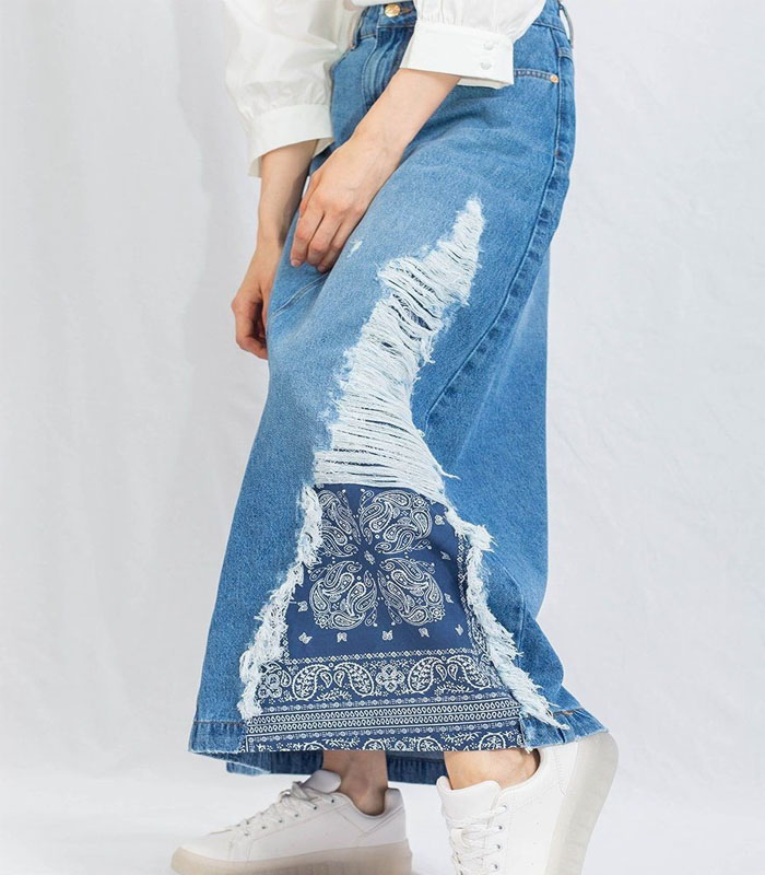Designer Midtone Patched Denim Maxi Skirt, Bell Skirt, Long Soft Full Length Modest Skirt with Pockets
