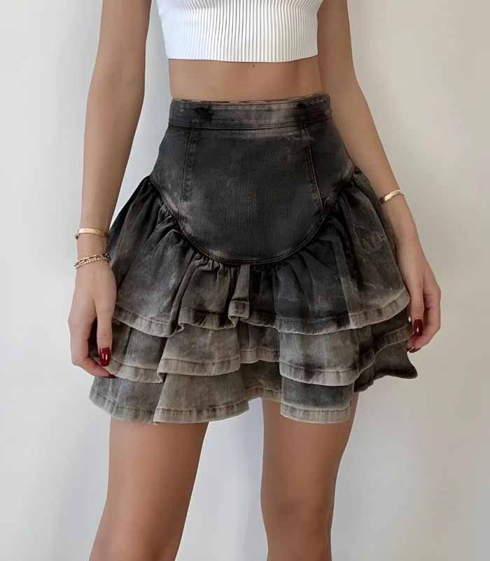 outfits Ruffled Denim Mini Skirt Gray-M
