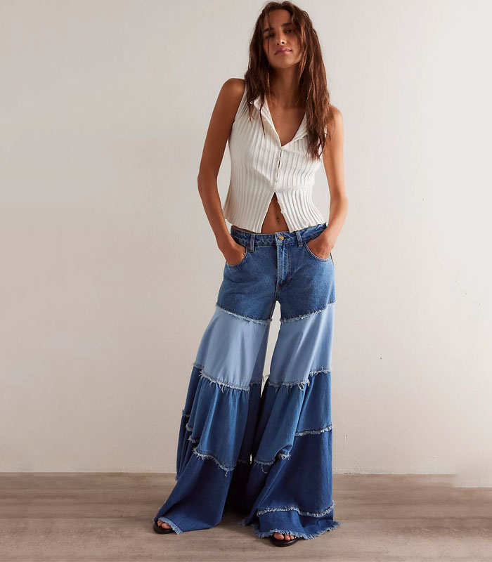 Layered Patchwork Raw-Hem Distressed Wide-Leg Jeans – Vintage Washed Relaxed Fit Denim Pants for Women
