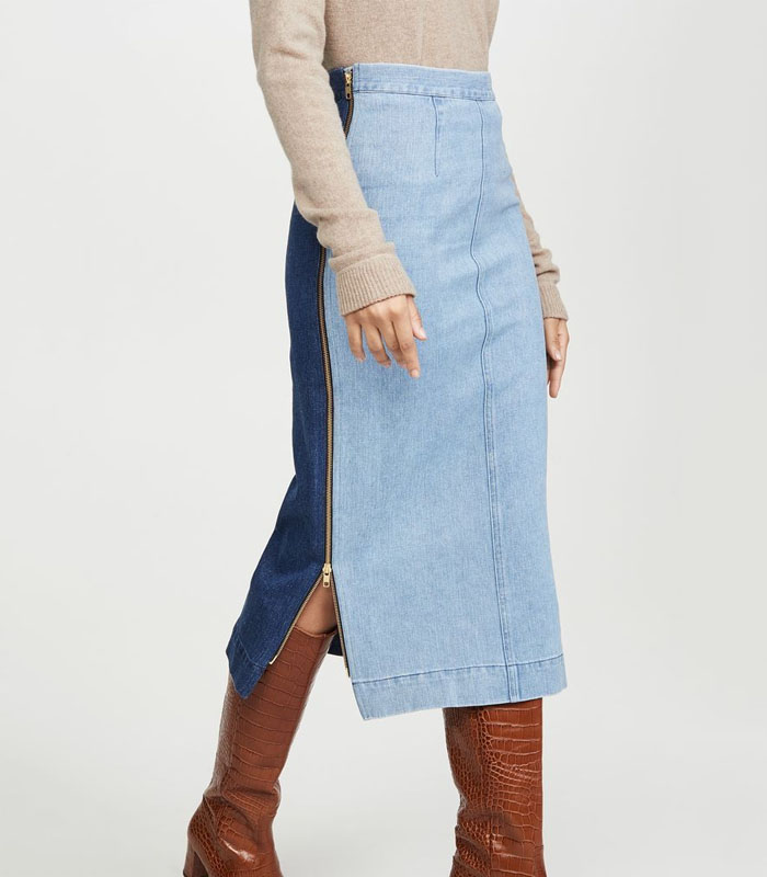 Women's Dual-Tone Denim Maxi Skirt – Side Zipper Closure | High-Waisted A-Line Long Skirt