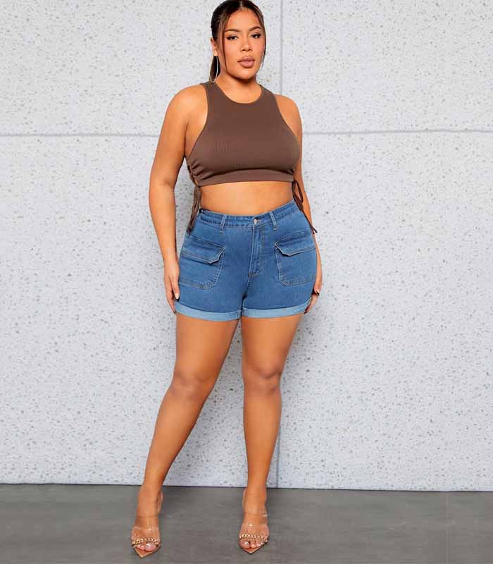 Plus Flap Pocket Roll Up Hem Denim Shorts