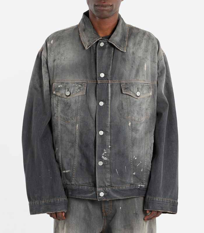 Men’s Distressed Gray Spray-Painted Oversized Denim Jacket