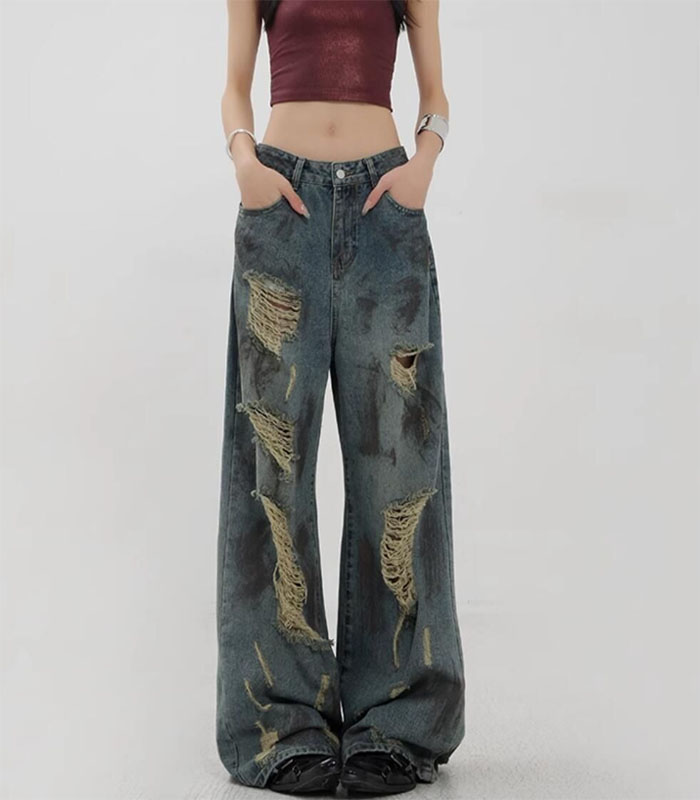 Denim Trouser Women's Washed Vintage Casual High Street Pants Female Retro High Waist Trashy Jeans