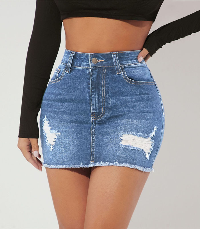 Ripped Raw Hem sexy Denim  Skirt