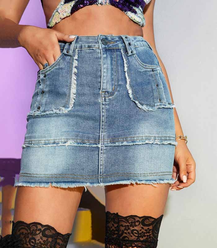 Bleach Wash Raw Trim Denim Skirt