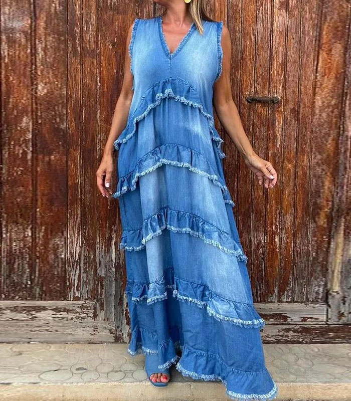 Denim Dress Women Casual Long Dresses V Neck Sleeveless Raw Edge Distressed Washed