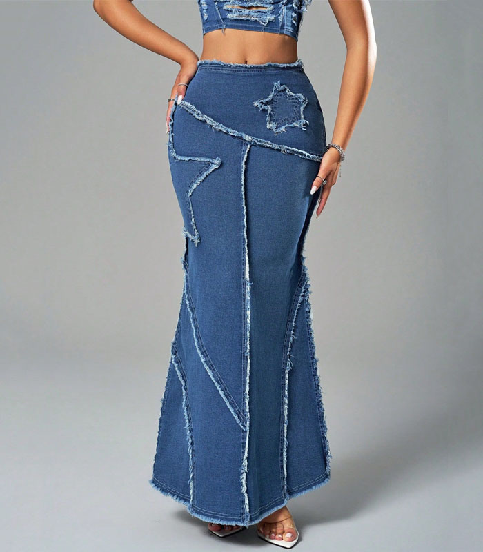 Sexy Color Block Raw Hem Distressed Denim Mermaid Maxi Skirt – Deep Blue