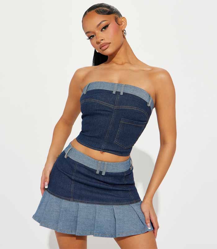 Women's Your Biggest Fan Denim Pleated Skirt Set in Dark Wash Size Large