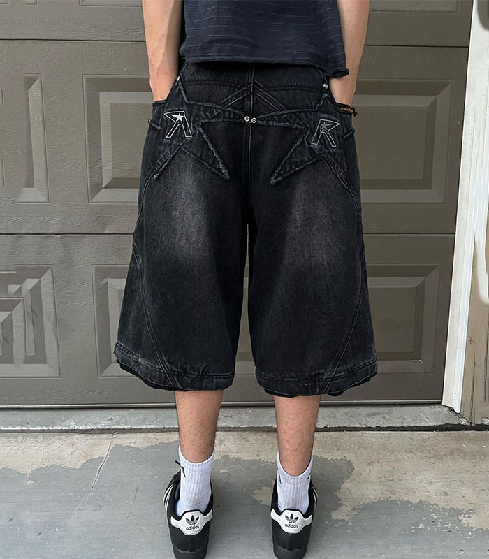 Men's Star Patchwork Denim Shorts Summer Wide Leg Loose Hip-hop Jeans Shorts