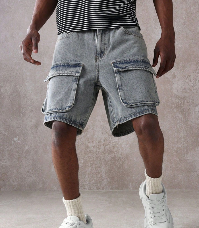 Premium Cargo Denim Shorts Distressed Vintage Style Loose Fit Summer Casual Jean Shorts Wide Side Pockets Skateboard Street Fashion