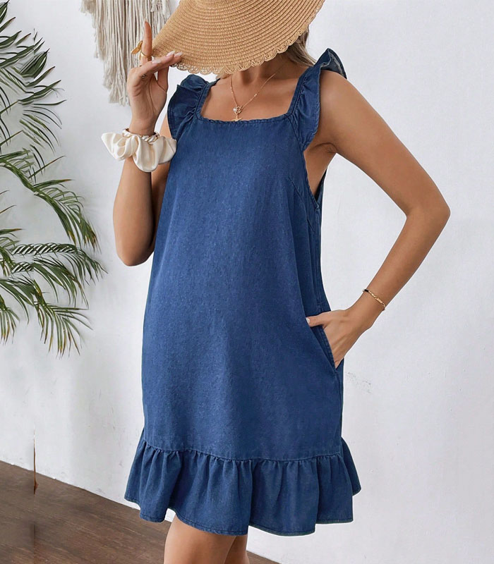 Maternity Blue Denim Cap Sleeve Pocket Ruffle Hem Dress