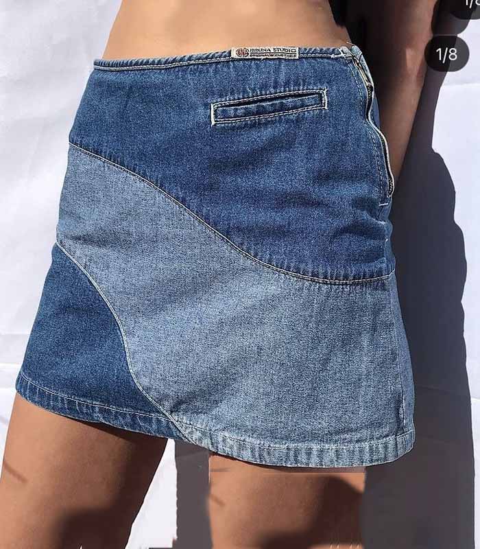 Asymmetrical color-block denim skirt