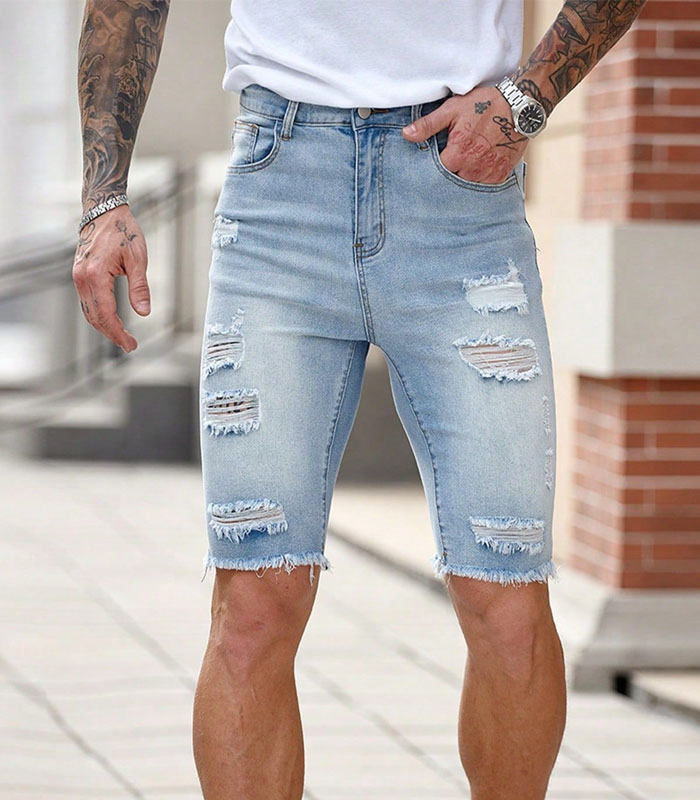 Men's Slim Fit Straight Leg Blue Distressed Denim Shorts