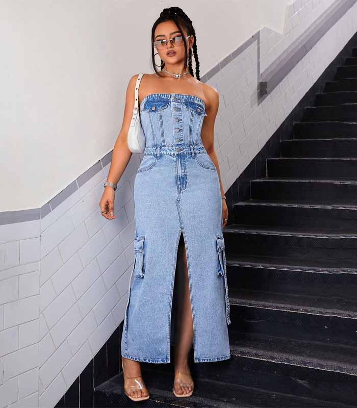 Flap Pocket Split Thigh Tube Denim Dress